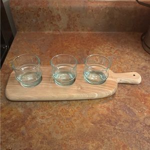 NEW Light Wood Plank Tray with 3 glass cup holders for candles/condiments